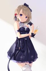 Rule 34 | 1girl, armband, azur lane, bare shoulders, black dress, black gloves, blonde hair, blue eyes, champagne flute, commentary, cowboy shot, cup, dress, drinking glass, evening gown, flower, garter straps, gloves, hair flower, hair ornament, hair ribbon, half gloves, head tilt, highres, holding, holding cup, jewelry, looking at viewer, necklace, ribbon, short hair, sleeveless, smile, solo, t-bth, thighhighs, z23 (azur lane), z23 (the banquet&#039;s honor student) (azur lane)