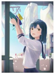 Rule 34 | 1girl, :d, arms up, bad id, bad pixiv id, balcony, blue hair, blue sailor collar, blue sky, blurry, blurry background, blush, character name, clothes hanger, day, depth of field, from side, highres, hinoshita akame, idolmaster, idolmaster million live!, looking at viewer, looking to the side, nanao yuriko, open mouth, outdoors, raised eyebrows, sailor collar, school uniform, serafuku, shirt, short hair, sky, sleeves past elbows, smile, solo, sunlight, tareme, upper body, white shirt, yellow eyes