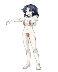 Rule 34 | 1girl, :d, barefoot, black eyes, black hair, breasts, commentary request, fang, fingernails, full body, jiangshi, looking afar, maebari, medium breasts, miyako yoshika, navel, ofuda, ofuda on nipples, ofuda on pussy, open mouth, outstretched arms, pale skin, pasties, short hair, simple background, smile, solo, standing, toenails, touhou, wabi (wbsk), white background, zombie pose