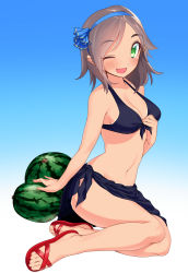 Rule 34 | 10s, 1girl, ;d, alternate costume, bare legs, bikini, bikini pull, black bikini, blew andwhite, blush, breasts, cleavage, clothes pull, fang, feet, food, front-tie top, fruit, full body, green eyes, grey hair, groin, hair ornament, hairband, hairclip, hand on own chest, highres, kantai collection, kuroshio (kancolle), legs together, medium breasts, navel, one eye closed, open mouth, parted bangs, pulling own clothes, purple bikini, red footwear, sandals, sarong, shoes, short hair, simple background, sitting, smile, solo, swimsuit, tan, tanline, toes, watermelon, white background, yokozuwari