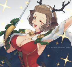 Rule 34 | 1girl, 91007, animal costume, animal ears, antlers, breasts, brown eyes, brown hair, cape, choker, christmas, cleavage, eyeshadow, fake animal ears, fake antlers, female focus, fire emblem, fire emblem: three houses, fire emblem heroes, fur trim, hair ornament, hair slicked back, highres, holding, holding sword, holding weapon, horns, large breasts, lipstick, looking at viewer, makeup, manuela casagranda, matching hair/eyes, mole, mole under eye, nintendo, official alternate costume, one eye closed, open mouth, orange eyeshadow, orange lips, reindeer antlers, reindeer costume, short hair, smile, solo, sword, weapon, wink