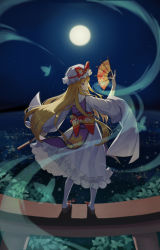 Rule 34 | 1girl, adapted costume, arm up, blurry, blurry background, city lights, clothes lift, commentary request, dress, dress lift, dual wielding, duoyu zhuan qing, expressionless, flame print, floating hair, floral print, folded fan, folding fan, frilled dress, frills, from behind, full moon, fur collar, hand fan, highres, holding, holding fan, long hair, long legs, long sleeves, looking afar, looking back, moon, moonlight, multicolored ribbon, multicolored sash, night, night sky, obi, orange ribbon, orange sash, outstretched arm, perspective, pigeon-toed, platform footwear, ribbon, sandals, sash, see-through, shadow, sidelocks, sky, solo, standing on torii, star (sky), striped ribbon, striped sash, tabard, touhou, transparent butterfly, tree, trigram, very long hair, white dress, white legwear, wide sleeves, wind, yakumo yukari, yellow ribbon, yellow sash, yin yang, yin yang print, zouri