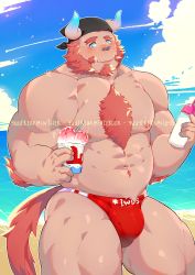 Rule 34 | 1boy, abs, absurdres, arm hair, bara, bare pectorals, beach, beard, bulge, chernobog (housamo), chest hair, chest tuft, cloud, cloudy sky, cup, day, facial hair, fang, food, forked eyebrows, furry, furry male, goatee, highres, holding, holding cup, ice cream, large pectorals, male focus, male swimwear, minotaur, muscular, muscular male, navel, navel hair, nipples, paid reward available, pectorals, pink fur, red male swimwear, short hair, sky, smile, solo, stomach, sun, swim briefs, tail, thick eyebrows, thick thighs, thighs, tokyo houkago summoners, yuufreak