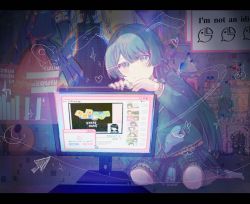 Rule 34 | 1girl, animal ears, black hair, blazer, blue jacket, blue skirt, bow, bowtie, cardigan, chromatic aberration, collared shirt, computer, drawn ears, english text, frilled skirt, frills, full body, glitch, guitar, hair ornament, hairclip, heart, highres, instrument, jacket, letterboxed, long hair, long sleeves, looking at viewer, monitor, nijisanji, okayusan san, purple eyes, rabbit ears, red bow, red bowtie, school uniform, shirt, skirt, solo, thighhighs, tsukino mito, tsukino mito (1st costume), ukulele, uniform, virtual youtuber, white shirt, white thighhighs