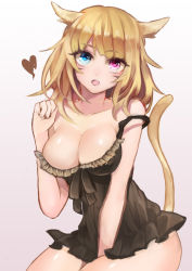 Rule 34 | 10s, 1girl, animal ears, bad id, bad pixiv id, between thighs, blonde hair, blue eyes, breasts, cat ears, cat tail, cleavage, cowboy shot, fang, final fantasy, final fantasy xiv, frills, gradient background, heart, heterochromia, highres, long hair, looking at viewer, miqo&#039;te, mole, mole under eye, open mouth, paw pose, purin uni, purple eyes, sitting, solo, strap slip, tail, tsurime, warrior of light (ff14)