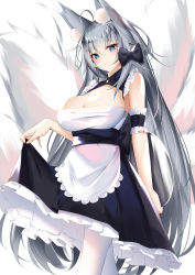 Rule 34 | 1girl, absurdres, alternate costume, animal ear fluff, apron, azur lane, back bow, bare shoulders, black bow, black dress, blue eyes, bow, breasts, catnnn, cleavage, clothes lift, dress, dress lift, framed breasts, hair bow, highres, kitsune, large breasts, large tail, long hair, looking at viewer, maid, multiple tails, pantyhose, shinano (azur lane), shirt, silver hair, sleeveless, sleeveless shirt, tail, very long hair, waist apron, white apron, white pantyhose