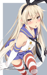 Rule 34 | 1girl, bent over, black neckerchief, black panties, blonde hair, blue sailor collar, blue skirt, blush, brown eyes, collarbone, commentary request, crop top, elbow gloves, gloves, hair between eyes, highleg, highleg panties, highres, kantai collection, long hair, looking at viewer, microskirt, mtu (orewamuzituda), neckerchief, open mouth, panties, panty pull, pleated skirt, pulled by self, sailor collar, shimakaze (kancolle), skirt, sleeveless, solo, striped clothes, striped thighhighs, thighhighs, underwear, white gloves