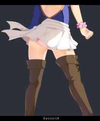 Rule 34 | 1girl, ass, back cutout, boots, clothing cutout, fairy tail, from behind, head out of frame, highres, legs, legs apart, lower body, lucy heartfilia, panties, skirt, solo, standing, thighs, underwear, upskirt, view between legs, wind