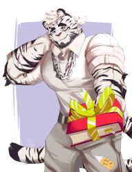 Rule 34 | 1boy, alternate costume, animal ears, arknights, bara, book, chain, chain necklace, collared shirt, facial hair, feet out of frame, foreshortening, furry, furry male, gift wrapping, goatee, hand on own neck, highres, holding, holding book, incoming gift, jewelry, large pectorals, looking at viewer, male focus, mountain (arknights), muscular, muscular male, necklace, pectorals, plilitbluu, scar, scar across eye, scar on arm, shirt, short hair, shy, smile, solo, thick eyebrows, tiger boy, tiger ears, white hair