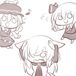 Rule 34 | 3girls, :d, animal ears, arms up, brooch, chibi, commentary, dress, eighth note, english commentary, fang, hair between eyes, hair over one eye, hair ribbon, hands on own head, hat, imaizumi kagerou, jewelry, long sleeves, lowres, monochrome, multiple girls, musical note, mystia lorelei, o o, open mouth, outstretched arms, pointy ears, ribbon, rumia, shirt, simple background, skirt, skirt set, smile, tears, touhou, trembling, upper body, vest, white background, wide sleeves, wings, wolf ears, wool (miwol)