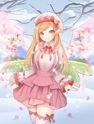 Rule 34 | 1girl, blonde hair, bow, breasts, cherry blossoms, dress, fairy, fairy wings, hat, lily white, looking at viewer, medium breasts, pantyhose, pink dress, pointy ears, red eyes, ribbon, skirt, solo, touhou, wings, z.o.b