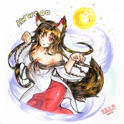 Rule 34 | 1girl, animal ears, bare shoulders, breasts, brooch, brown hair, cleavage, collarbone, freeze-ex, full moon, imaizumi kagerou, jewelry, large breasts, long hair, marker (medium), moon, open mouth, red eyes, shirt, skirt, solo, tail, touhou, traditional media, very long hair, wide sleeves, wolf ears, wolf tail