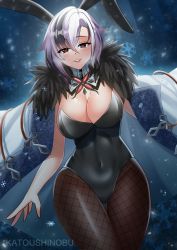 Rule 34 | 1girl, absurdres, animal ears, arlecchino (genshin impact), artist name, breasts, breath, cleavage, coat, coat on shoulders, collar, fur-trimmed coat, fur trim, genshin impact, highres, katou shinobu, large breasts, leotard, multicolored hair, playboy bunny, rabbit ears, red pupils, short hair, smile, snowflakes, solo, streaked hair, symbol-shaped pupils, two-tone hair, white coat, white hair, white mask, x-shaped pupils
