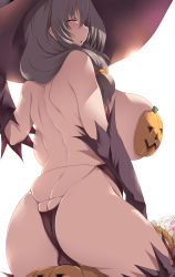 Rule 34 | 1girl, absurdres, ass, ass focus, back, backboob, basket, bikini, bikini bottom only, blush, breasts, butt crack, cameltoe, candy, closed eyes, elbow gloves, fat mons, food, from behind, gloves, gluteal fold, grey hair, hair over shoulder, halloween, halloween costume, hat, highleg, highleg bikini, highres, huge ass, huge breasts, mature female, parted lips, pasties, plump, sideboob, sidelocks, simple background, skindentation, solo, swimsuit, thick thighs, thighhighs, thighs, tsukasawa takamatsu, uzaki-chan wa asobitai!, uzaki tsuki, wide hips, witch hat