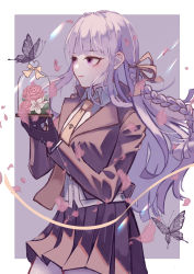 Rule 34 | 1girl, absurdres, braid, bug, butterfly, collared shirt, commentary request, cowboy shot, danganronpa: trigger happy havoc, danganronpa (series), flower, gloves, hair ribbon, hands up, highres, holding, insect, jacket, kirigiri kyoko, long hair, necktie, open clothes, open jacket, open mouth, petals, pink background, pink flower, pleated skirt, purple eyes, purple hair, ribbon, shirt, skirt, smile, solo, white background, wny (wnys art)