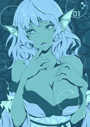 Rule 34 | 1girl, air bubble, blue hair, blue theme, breasts, bubble, cleavage, finger to mouth, fins, head fins, highres, japanese clothes, kyogoku-uru, large breasts, lips, long hair, looking at viewer, mermaid, monochrome, monster girl, off shoulder, solo, touhou, underwater, wakasagihime
