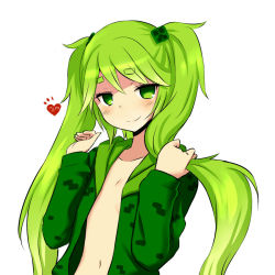 Rule 34 | 1girl, blush, collarbone, creeparka, creeper, female focus, flat chest, green eyes, green hair, hair ornament, heart, holding, holding hair, long hair, looking at viewer, matching hair/eyes, midriff, minecraft, naked shirt, navel, no bra, open clothes, personification, shirt, simple background, smile, solo, twintails, upper body, white background, zaxwu