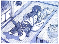 Rule 34 | 10s, 1girl, blue theme, blunt bangs, blush, book, chips (food), chopsticks, comic, crossed legs, food, from behind, graphite (medium), hatsuyuki (kancolle), hime cut, kantai collection, long hair, looking at viewer, looking back, lying, monochrome, on stomach, open book, open mouth, potato chips, sailor collar, sakino shingetsu, school uniform, serafuku, sketch, skirt, socks, solo, table, traditional media