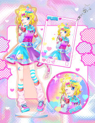 Rule 34 | 1girl, acrylic stand, asymmetrical legwear, belt, blonde hair, blue eyes, blue skirt, blunt bangs, bow, character hair ornament, commentary request, decora, detached sleeves, ebi nana, full body, hair bow, hair ornament, hand on own hip, hand up, highres, kuma (pripara), layered skirt, leg warmers, looking at viewer, minami mirei, multicolored nails, multiple views, nail polish, one eye closed, pink belt, pink footwear, polaroid, pretty series, pripara, purple shirt, sample watermark, see-through, see-through skirt, see-through sleeves, shirt, shoes, short hair, skirt, smile, sneakers, speech bubble, standing, star (symbol), star hair ornament, striped clothes, striped thighhighs, thighhighs, tongue, tongue out, watermark