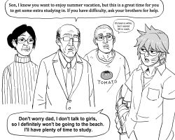 Rule 34 | 1girl, 3boys, absurdres, balding, bb (baalbuddy), buttons, collared shirt, commentary, english commentary, english text, formal, glasses, greyscale, highres, monochrome, multiple boys, necktie, original, scar, scar on face, shirt, simple background, speech bubble, suit, sweater, t-shirt, turtleneck, turtleneck sweater, white background
