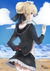 Rule 34 | 1girl, aoi suzu, artist name, artoria pendragon (all), artoria pendragon (alter swimsuit rider) (fate), artoria pendragon (alter swimsuit rider) (second ascension) (fate), artoria pendragon (fate), bad id, bad pixiv id, black jacket, black ribbon, black skirt, blonde hair, blue sky, blurry, blurry background, cowboy shot, day, eating, fate/grand order, fate (series), food, frilled skirt, frills, from behind, hair bun, hair ribbon, highres, hood, hood down, hooded jacket, jacket, long sleeves, looking back, maid headdress, miniskirt, mouth hold, neck garter, ocean, open clothes, open jacket, outdoors, popsicle, profile, ribbon, saber alter, short hair, single hair bun, skirt, sky, standing, yellow eyes