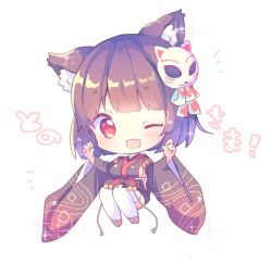 Rule 34 | 1girl, ;d, animal ear fluff, animal ears, azur lane, black kimono, blush, breasts, brown hair, cat ears, commentary request, fang, fox mask, full body, hair ribbon, hoshiori (h 4ori), japanese clothes, kimono, knees up, large breasts, long sleeves, looking at viewer, mask, mask on head, notice lines, one eye closed, open mouth, print kimono, red eyes, ribbon, short hair, short kimono, sideboob, simple background, smile, solo, tareme, thighhighs, white background, white thighhighs, wide sleeves, yamashiro (azur lane)