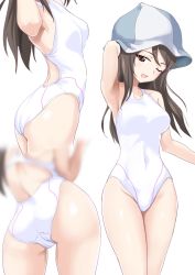 Rule 34 | 10s, 1girl, armpits, ass, blurry, breasts, brown eyes, brown hair, competition swimsuit, covered navel, cowboy shot, gin&#039;you haru, girls und panzer, hat, highres, long hair, looking at viewer, medium breasts, mika (girls und panzer), multiple views, one-piece swimsuit, one eye closed, simple background, smile, standing, swimsuit, white background, white one-piece swimsuit
