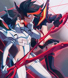 Rule 34 | 2girls, absurdres, angry, black gloves, black hair, black thighhighs, blue eyes, breasts, brick st, dual persona, epaulettes, evil smile, fangs, glaring, gloves, hand on another&#039;s chin, highres, holding, holding sword, holding weapon, junketsu, kill la kill, looking at another, matoi ryuuko, medium breasts, microskirt, multicolored hair, multiple girls, red hair, revealing clothes, scissor blade (kill la kill), senketsu, short hair, skirt, smile, streaked hair, suspenders, sword, thighhighs, underboob, weapon, white thighhighs