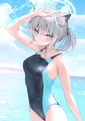 Rule 34 | 1girl, animal ears, bare arms, bare shoulders, blue archive, blue eyes, blush, breasts, closed mouth, commentary request, cowboy shot, cross hair ornament, grey hair, hair ornament, halo, long hair, medium breasts, multicolored clothes, multicolored swimsuit, official alternate costume, one-piece swimsuit, pon (ponidrop), ponytail, shiroko (blue archive), shiroko (swimsuit) (blue archive), solo, swimsuit, wolf ears