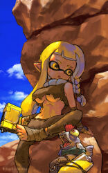 Rule 34 | 1girl, agent 3 (splatoon 3), bandaged foot, bandages, black pants, black shirt, blonde hair, blue sky, braid, breasts, cloud, commentary, commentary request, english commentary, hero shot (splatoon 3), highres, ikachangenema, inkling, inkling girl, inkling player character, large breasts, long hair, mixed-language commentary, navel, nintendo, open mouth, pants, pointy ears, rock, shirt, single braid, sitting, sitting on rock, sky, smallfry (splatoon), splatoon (series), splatoon 3, tentacle hair, toes, torn clothes, torn shirt, underboob, yellow eyes