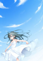Rule 34 | 1girl, asahikawa hiyori, blue eyes, blue hair, blue sky, breasts, cloud, cloudy sky, collarbone, cropped legs, day, dress, hair between eyes, hat, long hair, looking at viewer, matching hair/eyes, open mouth, original, outdoors, outstretched arms, sky, sleeveless, sleeveless dress, small breasts, smile, solo, strap slip, sundress, white dress, wind