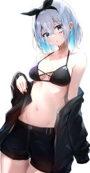 Rule 34 | 1girl, absurdres, bad id, bad twitter id, bare shoulders, bikini, bikini top only, black bikini, black jacket, black shorts, blue eyes, blue hair, bow hairband, breasts, colored inner hair, cowboy shot, crossed bangs, facial mark, grey hair, hair between eyes, hairband, highres, jacket, looking at viewer, medium breasts, mole, mole on breast, multicolored hair, nanashinayuzu mochi, navel, off shoulder, open clothes, open jacket, original, parted lips, shorts, simple background, solo, standing, stomach, swimsuit, white background