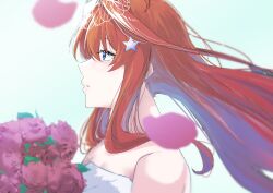 Rule 34 | 1girl, absurdres, akaneiro (akane color35), bare shoulders, blue eyes, blurry, blush, bouquet, bridal veil, commentary, depth of field, dress, eyelashes, falling petals, floating hair, flower, from side, go-toubun no hanayome, hair between eyes, hair ornament, highres, holding, holding bouquet, light blue background, lips, long hair, looking afar, nakano itsuki, nose, parted lips, petals, pink flower, pink rose, profile, red hair, rose, sidelocks, simple background, solo, star (symbol), star hair ornament, upper body, veil, wedding, wedding dress