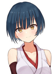 Rule 34 | 1girl, blue hair, blush, breasts, brown eyes, choco tanuki, cleavage, close-up, closed mouth, collarbone, highres, large breasts, looking at viewer, nijisanji, short hair, simple background, sleeveless, smile, solo, upper body, virtual youtuber, white background, yamagami karuta