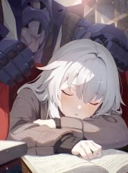 Rule 34 | 1girl, book, brown sweater, clara (honkai: star rail), closed eyes, covering with blanket, drooling, highres, honkai: star rail, honkai (series), long hair, mouth drool, open book, robot, sleeping, svarog (honkai: star rail), sweater, white hair, zakkuri