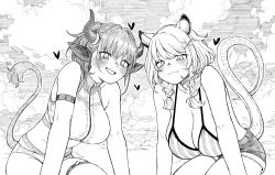 Rule 34 | 2girls, :3, animal ears, arknights, arm strap, bikini, blush, braid, breasts, cleavage, cloud, cow ears, cow girl, cow horns, cow tail, greyscale, haioku colonel, heart, highres, horns, large breasts, long hair, looking at viewer, monochrome, multiple girls, official alternate costume, ponytail, shorts, side braids, sideroca (arknights), sideroca (light breeze) (arknights), sitting, skindentation, slit pupils, striped bikini, striped clothes, swimsuit, tail, thigh strap, utage (arknights), utage (summer flowers) (arknights)