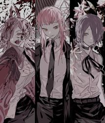 Rule 34 | 3girls, alternate hair color, bare shoulders, black choker, black hair, black necktie, blood, blood splatter, braid, braided ponytail, business suit, chainsaw man, choker, collared shirt, demon girl, demon horns, fangs, fishcoooo, formal, green eyes, hair between eyes, hair bun, hair over one eye, hood, hoodie, horns, laughing, light smile, long hair, long jacket, looking at viewer, makima (chainsaw man), multiple girls, necktie, office lady, open mouth, pink hair, power (chainsaw man), purple hair, red horns, reze (chainsaw man), ringed eyes, shirt, shirt tucked in, shorts, single hair bun, sleeveless, sleeveless shirt, smile, suit, white shirt, yellow eyes