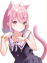 Rule 34 | 1girl, :3, ahoge, animal ear fluff, animal ears, black dress, blue hair, bow, cat ears, cat girl, cat tail, closed mouth, commentary request, crescent, crescent necklace, dress, gradient background, green eyes, heterochromia, highres, himemori luna, himemori luna (sundress), hololive, jewelry, kanae (inorin05kanae), looking at viewer, medium hair, necklace, paw pose, pink hair, purple eyes, simple background, sleeveless, sleeveless dress, solo, tail, upper body, virtual youtuber, white background, white bow