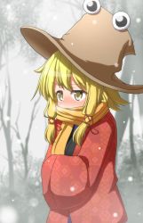 Rule 34 | 1girl, bare tree, blonde hair, blurry, blush, coat, cowboy shot, day, depth of field, floral print, full-face blush, hair ribbon, hands in opposite sleeves, hat, highres, looking to the side, moriya suwako, outdoors, ribbon, scarf, scarf over mouth, short hair, sidelocks, snowing, solo, teoi (good chaos), touhou, tree, unmoving pattern, winter, yellow eyes