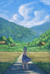 Rule 34 | 1girl, barefoot, blue eyes, blue hair, blurry, blush, bow, cirno, cloud, contrail, dappled sunlight, day, faux traditional media, fjsmu, forest, grass, hair bow, hands on own chest, highres, house, ice, ice wings, looking to the side, mountain, nature, pigeon-toed, rice paddy, road, rural, scenery, short hair, sky, solo, sunlight, touhou, wings