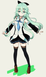 Rule 34 | 1girl, black bow, black skirt, black thighhighs, blue neckerchief, blush, bow, brown footwear, detached sleeves, floating hair, full body, green eyes, green hair, grey background, hair between eyes, hair bow, hair ornament, highres, hinahime, kantai collection, loafers, long hair, looking at viewer, miniskirt, neckerchief, outstretched arms, parted lips, pleated skirt, shirt, shoes, simple background, skirt, sleeveless, sleeveless shirt, solo, standing, thighhighs, very long hair, yamakaze (kancolle), zettai ryouiki