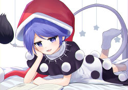 Rule 34 | 1girl, absurdres, arm support, bed, black dress, blue eyes, blue hair, book, doremy sweet, dress, hand on own cheek, hand on own face, hat, highres, looking at viewer, multicolored clothes, multicolored dress, negi 0712, open mouth, pom pom (clothes), red hat, short hair, sleeveless, solo, tail, tapir tail, touhou, white dress