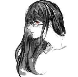 Rule 34 | 1girl, closed mouth, cropped head, glasses, highres, kamishiro rize, long hair, profile, red eyes, simple background, solo, spot color, tokyo ghoul, white background, yourfreakyneighbourh