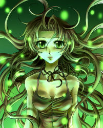 Rule 34 | 1990s (style), 1girl, aerith gainsborough, bare shoulders, breasts, brown hair, camisole, choker, cleavage, collarbone, curly hair, final fantasy, final fantasy vii, floating hair, green eyes, lifestream, long hair, lowres, retro artstyle, sleeveless, solo, very long hair, wind