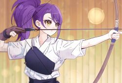 Rule 34 | 1girl, archery, arrow (projectile), bow (weapon), brown gloves, chuu0105, closed mouth, commentary request, drawing bow, gloves, hakama, holding, holding arrow, holding bow (weapon), holding weapon, japanese clothes, korean commentary, long hair, looking ahead, muneate, partially fingerless gloves, partly fingerless gloves, pretty series, pripara, purple hair, side ponytail, single glove, solo, toudou shion, upper body, weapon, wooden wall, yellow eyes, yugake
