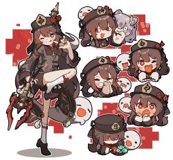 Rule 34 | 2girls, :q, amonitto, anger vein, black headwear, blush, brown hair, chopsticks, closed eyes, double bun, fang, flower, flower-shaped pupils, genshin impact, ghost, grin, hair bun, hair ornament, hat, hat flower, highres, holding, holding weapon, hu tao (genshin impact), jewelry, keqing (genshin impact), kneehighs, leg up, long hair, long sleeves, multiple girls, multiple rings, multiple views, one eye closed, open mouth, plum blossoms, polearm, purple hair, red eyes, red flower, ring, shaded face, shorts, sidelocks, simple background, slime (genshin impact), smile, socks, staff of homa (genshin impact), sweat, symbol-shaped pupils, tassel, tongue, tongue out, twintails, weapon