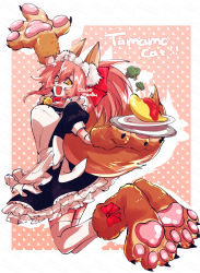 Rule 34 | 1girl, absurdres, alternate costume, animal ear fluff, animal ears, animal hands, apron, bell, breasts, broccoli, cat paws, collar, enmaided, fang, fate/grand order, fate (series), food, fox ears, fox girl, fox tail, full body, gloves, hair ribbon, highres, jingle bell, large breasts, long hair, looking at viewer, maid, maid apron, maid headdress, neck bell, open mouth, paw gloves, paw shoes, pink hair, ponytail, red ribbon, ribbon, shiromantou, solo, tail, tamamo (fate), tamamo cat (fate), vegetable