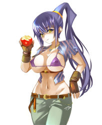 Rule 34 | 1girl, apple, bikini, bikini top only, breasts, cleavage, fingerless gloves, food, fruit, gloves, jewelry, large breasts, looking at viewer, midriff, navel, necklace, open clothes, open shirt, original, pants, ponytail, purple hair, reneg30, solo, toned, yellow eyes