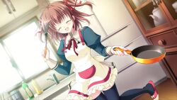 Rule 34 | 1girl, apron, brown hair, closed eyes, frying pan, game cg, highres, holding, holding spatula, medium hair, non-web source, official art, open mouth, plate, ribbon, root double -before crime after days-, slippers, smile, soap, spatula, teapot, thighhighs, toba mashiro, twintails, window
