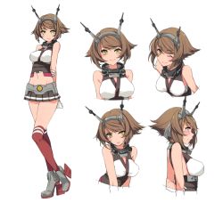 Rule 34 | 10s, 1girl, bare shoulders, blush, breasts, brown hair, expressions, gloves, green eyes, hairband, headgear, kantai collection, kyara36, looking at viewer, midriff, miniskirt, mutsu (kancolle), navel, one eye closed, short hair, skirt, solo, thighhighs, wink